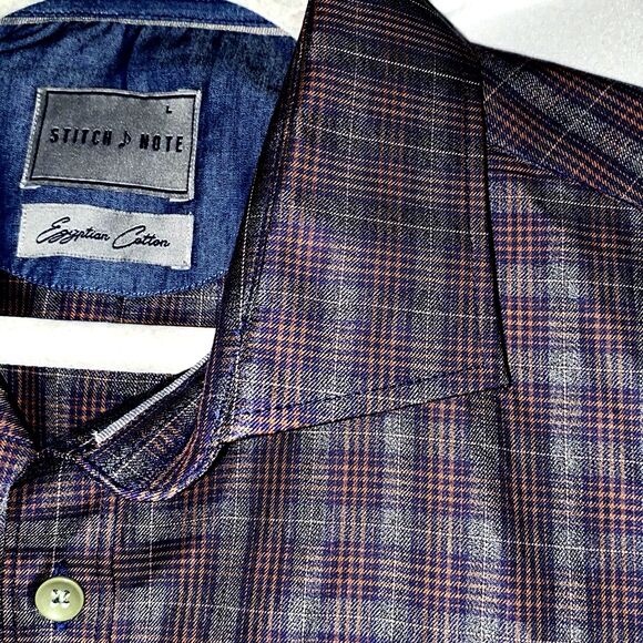 Stitch Note Men’s Large Egyptian Cotton Check Button Up Red/Blue/Purple - Picture 4 of 7